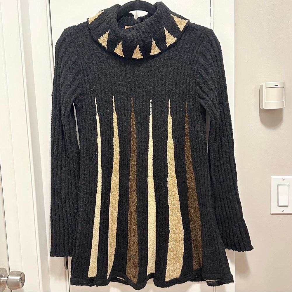 Vintage Alberto Makali Boucle Knit Turtleneck Sweater Tunic Women L black brown